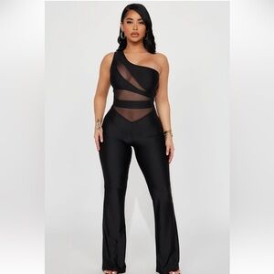 Fashion Nova Black Mesh One-Shoulder Jumpsuit